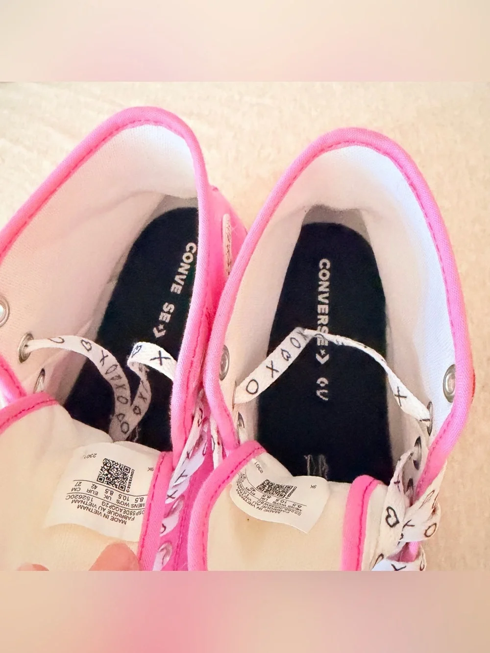 Converse high top half red , half pink “Xoxo” heart print shoes